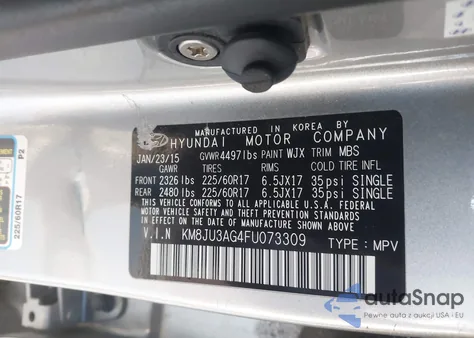 2015 Hyundai Tucson Limited z USA, uszkodzony, nr VIN KM8JU3AG4FU073309